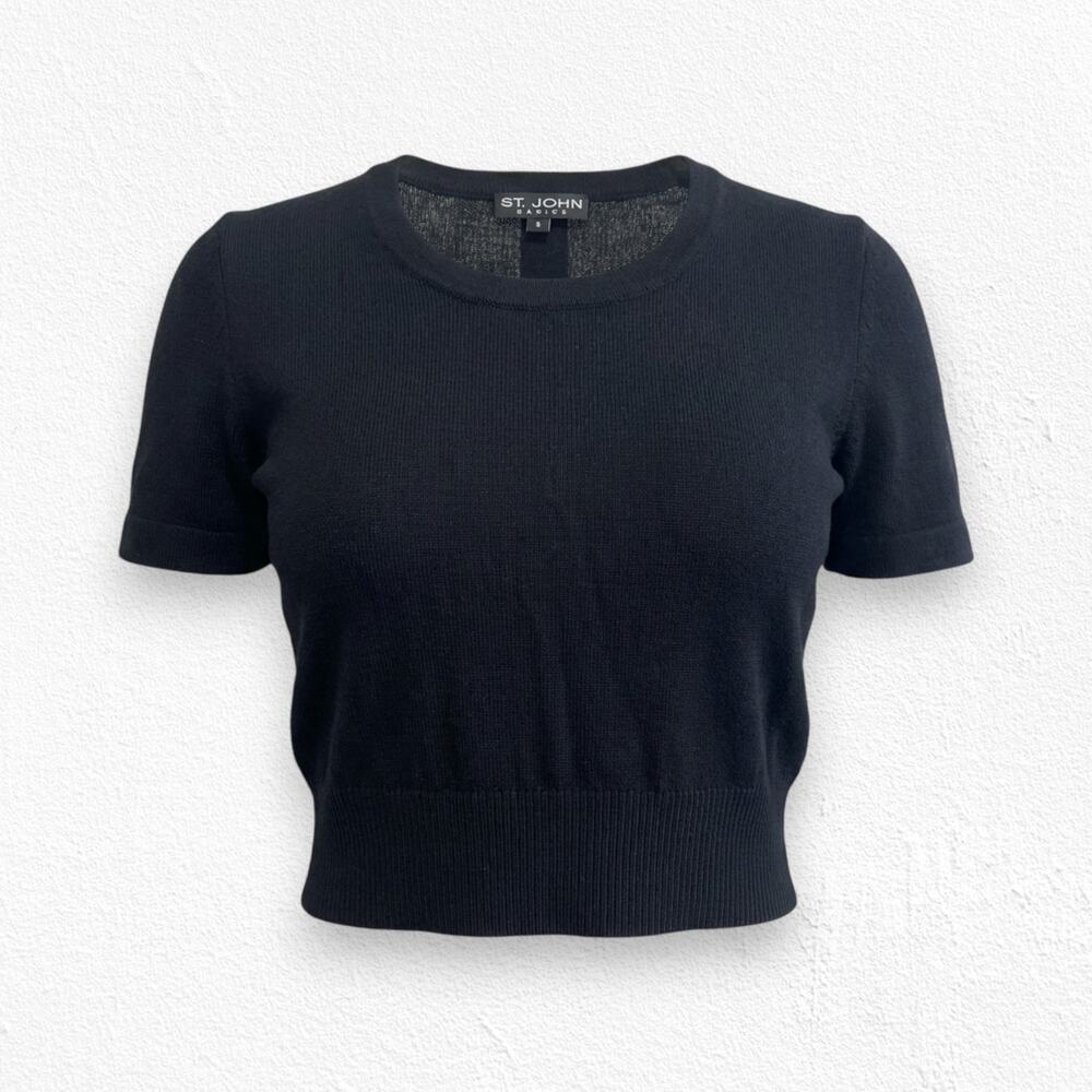 Vintage 90s St John Basics Black Knit Short Sleeve Sweater Top Size Small